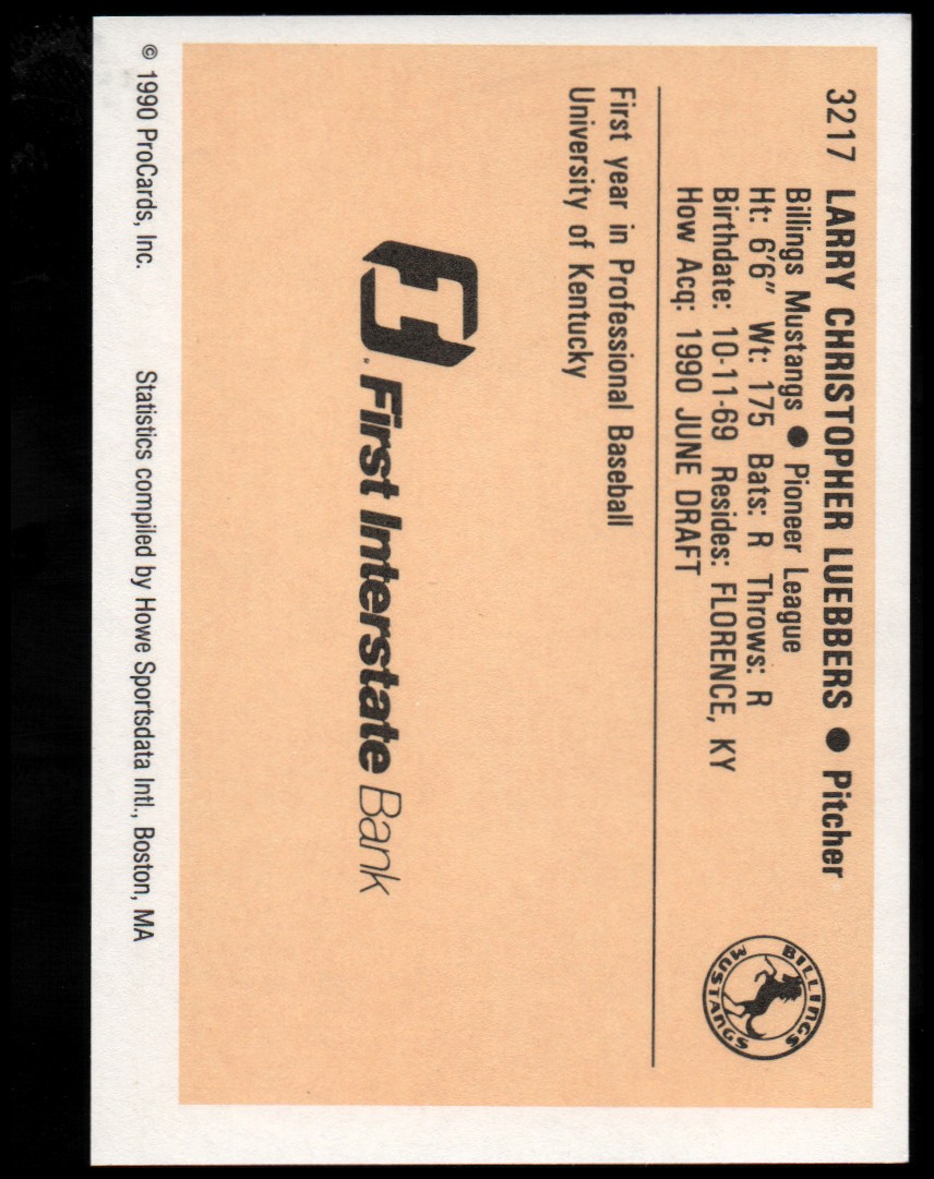 1990 Billings Mustangs ProCards #3217 Larry Luebbers back image
