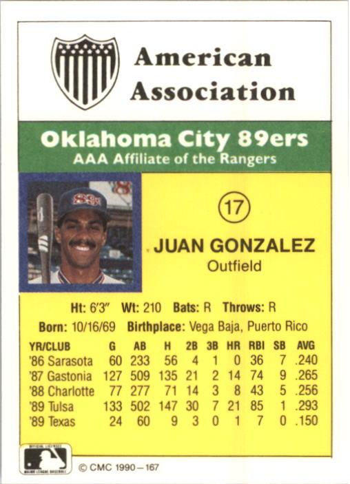 1990 Oklahoma City 89ers CMC #17 Juan Gonzalez back image