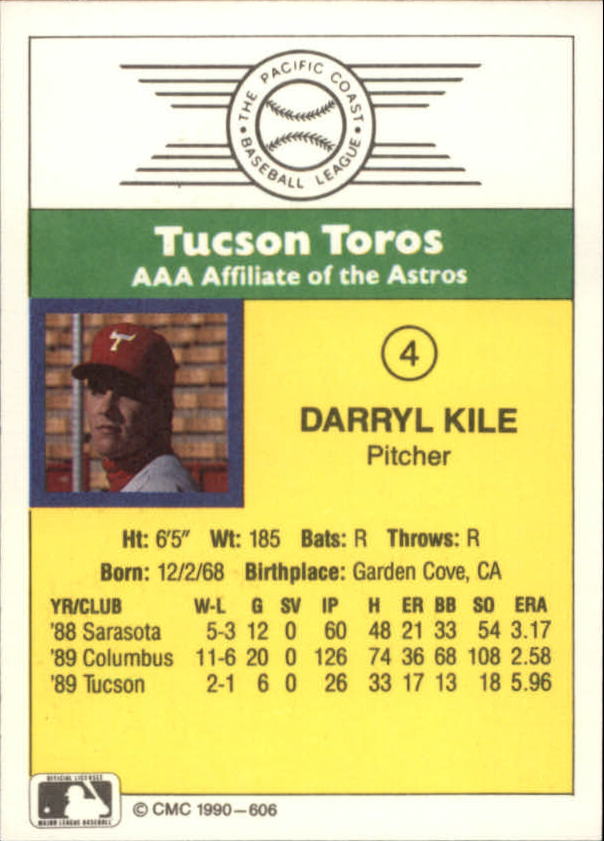 1990 Tucson Toros CMC #4 Darryl Kile back image