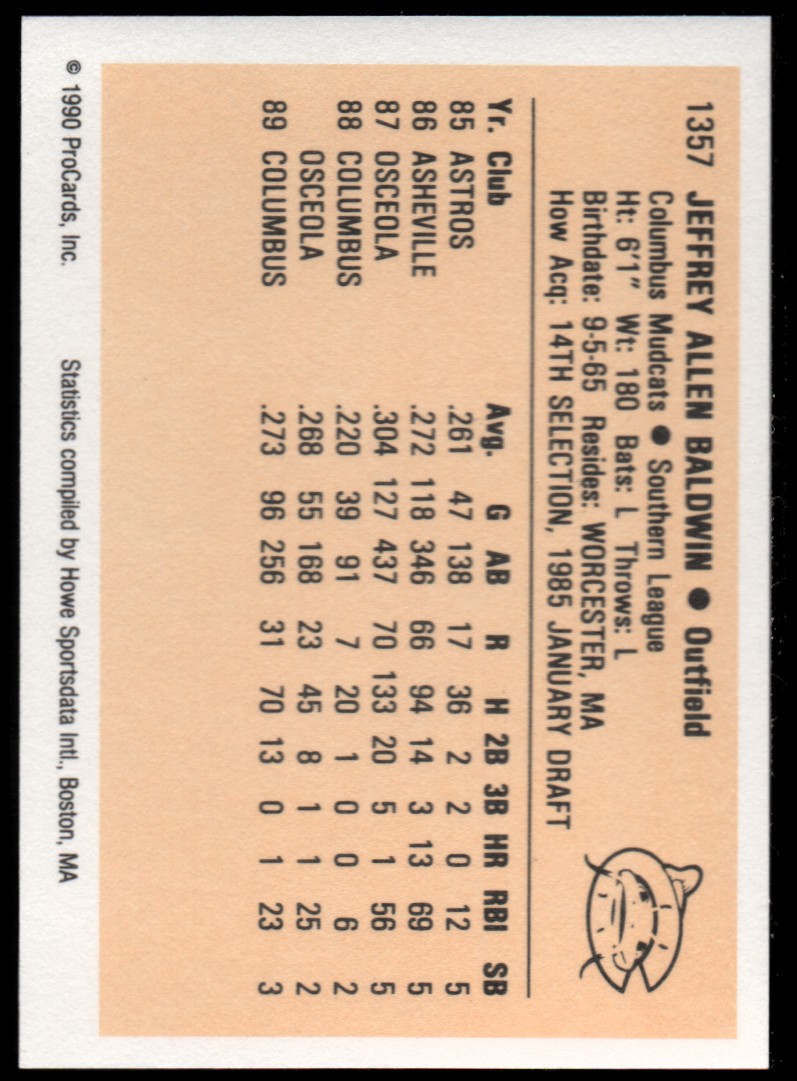 1990 Columbus Mudcats ProCards #1357 Jeff Baldwin back image