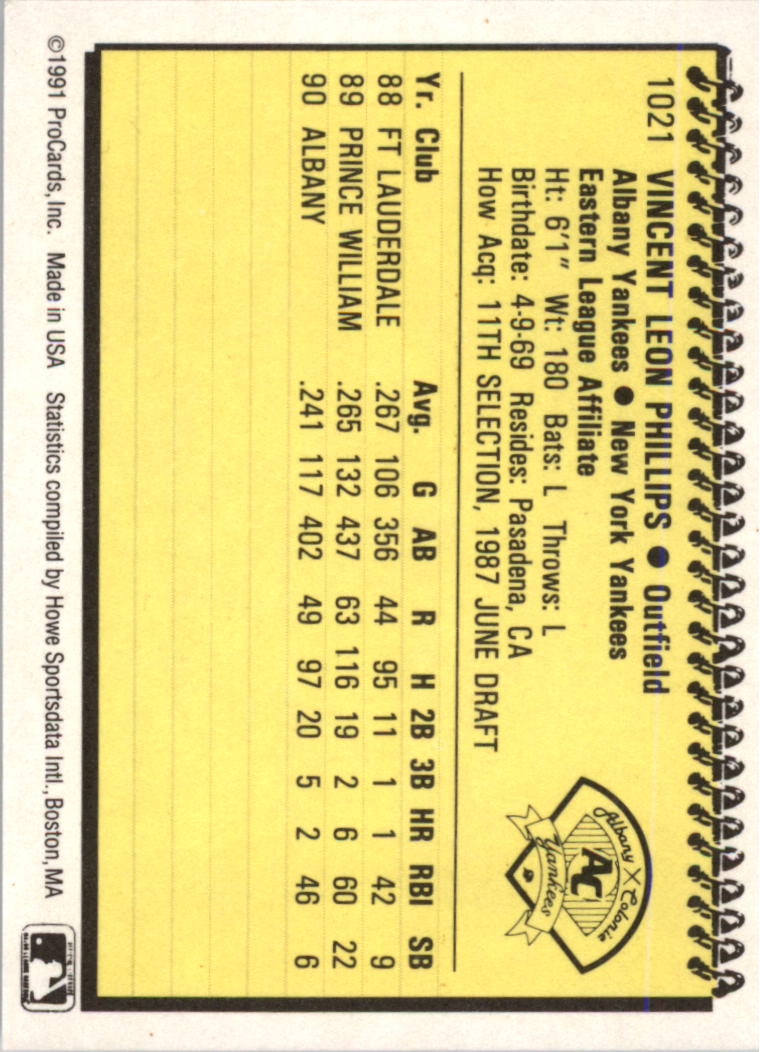 1991 Albany Yankees ProCards #1021 Vince Phillips back image