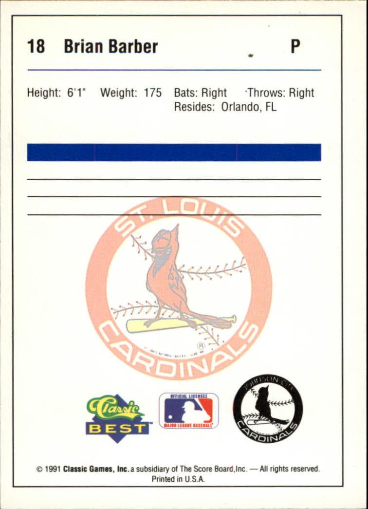 1991 Johnson City Cardinals Classic/Best #18 Brian Barber back image