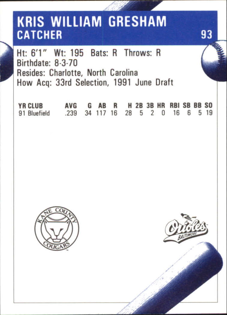 1992 Kane County Cougars Fleer/ProCards #93 Kris Gresham back image