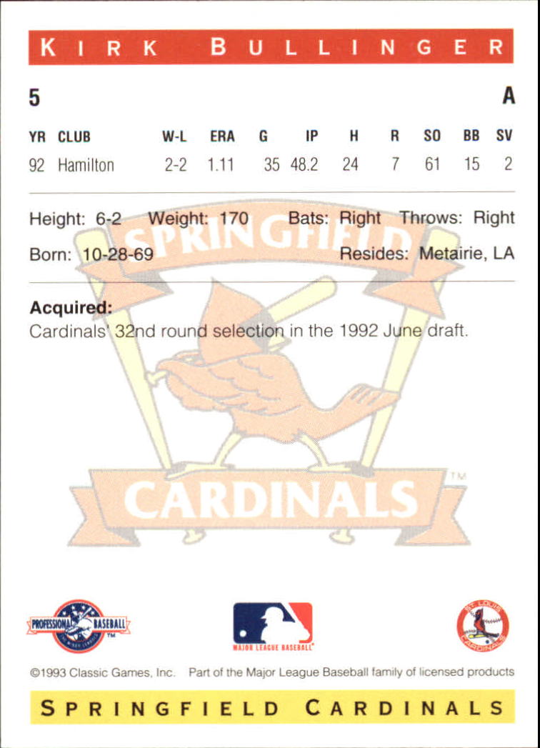 1993 Springfield Cardinals Classic/Best #5 Kirk Bullinger back image
