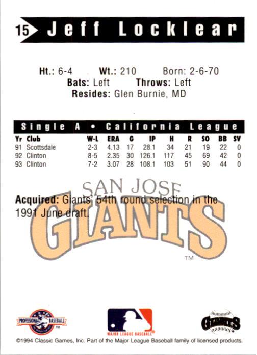 1994 San Jose Giants Classic #15 Jeff Locklear back image