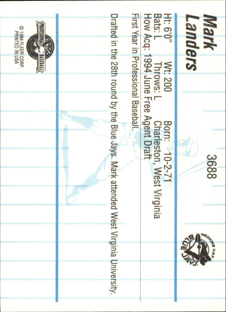 1994 Medicine Hat Blue Jays Fleer/ProCards #3688 Mark Landers - Toronto BLUE  JAYS ROOKIE League - NM-MT