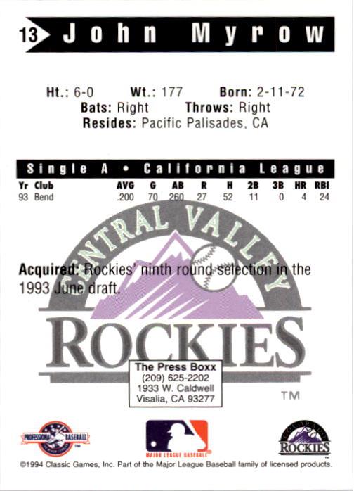 1994 Central Valley Rockies Classic #13 John Myrow back image