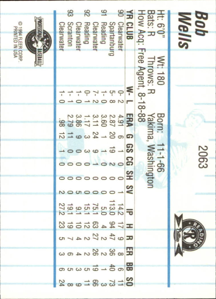 1994 Reading Phillies Fleer/ProCards #2063 Bob Wells - Philadelphia PHILLIES  AA Affiliate - NM-MT