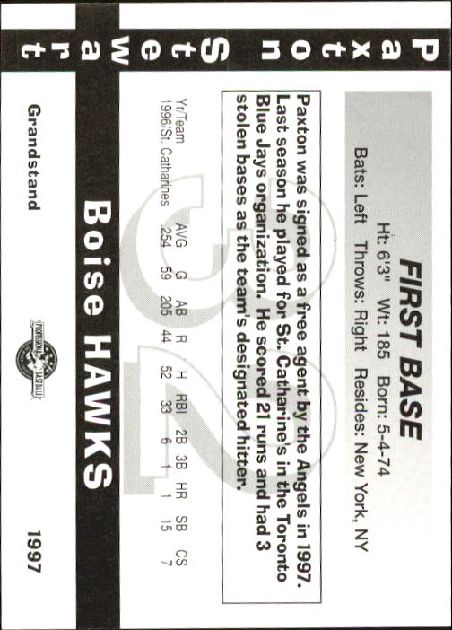 1997 Boise Hawks Grandstand #27 Paxton Stewart back image
