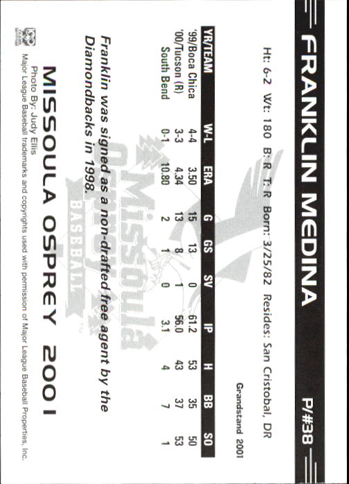 2001 Missoula Osprey Grandstand #38 Franklin Medina back image