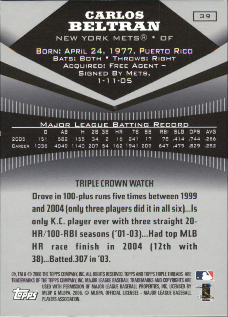 2006 Topps Triple Threads #39 Carlos Beltran back image