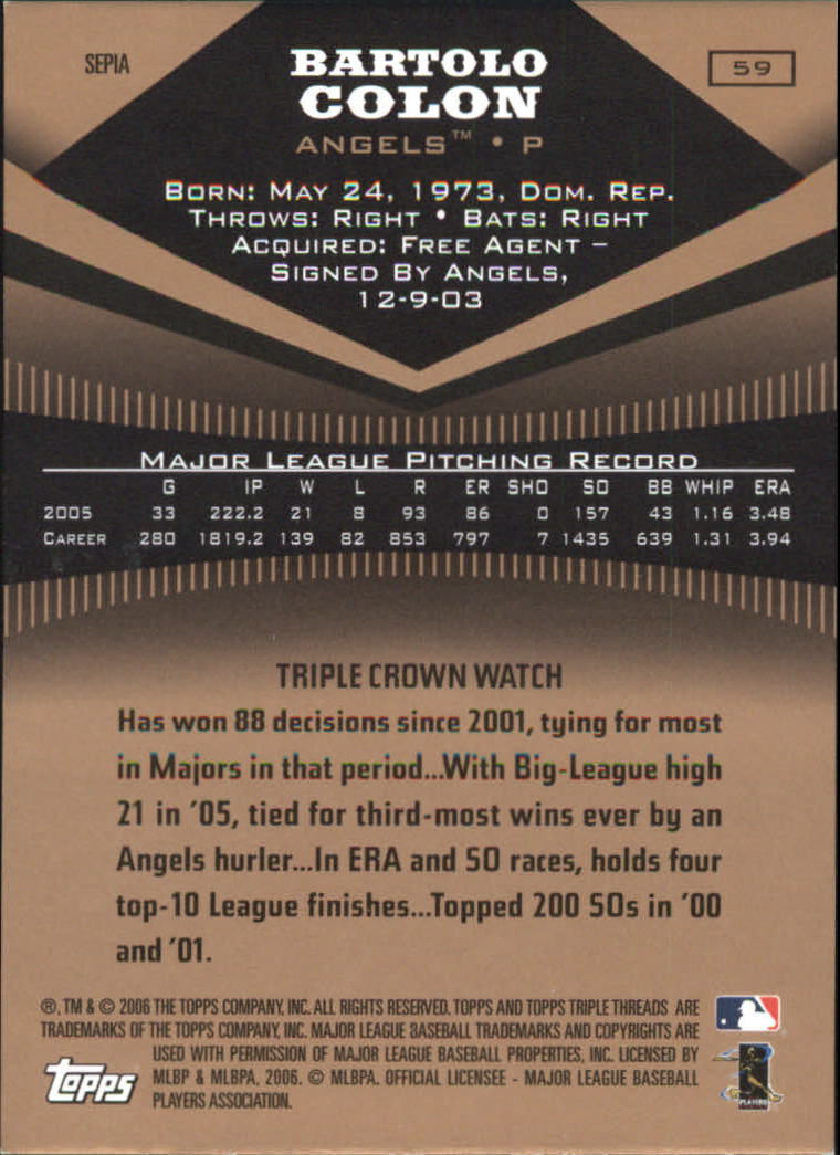 2006 Topps Triple Threads Sepia #59 Bartolo Colon back image