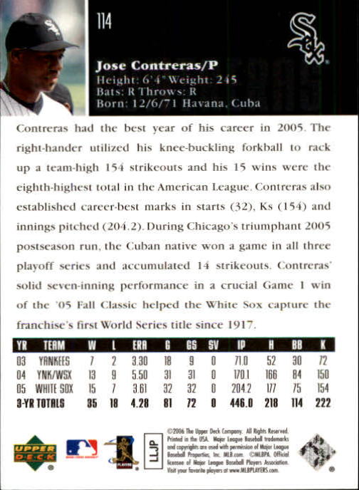 2006 Upper Deck #114 Jose Contreras back image
