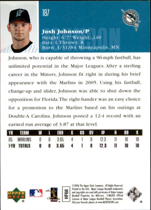 2006 Upper Deck #187 Josh Johnson (RC) back image