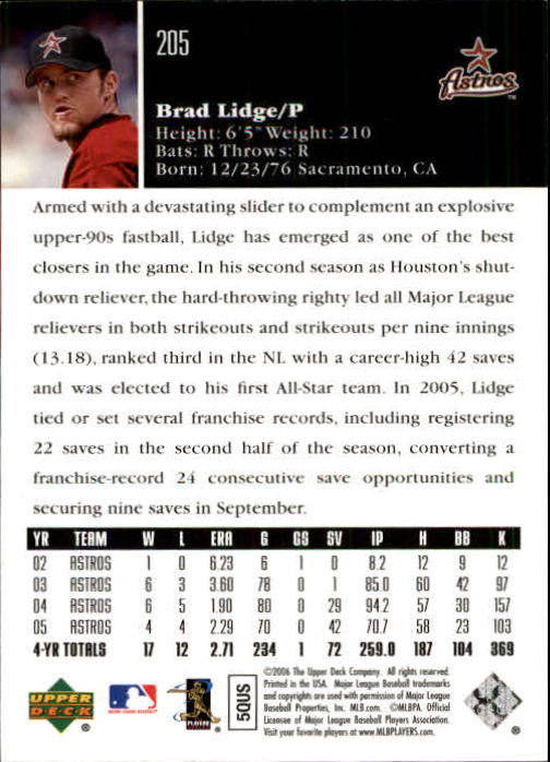 2006 Upper Deck #205 Brad Lidge back image