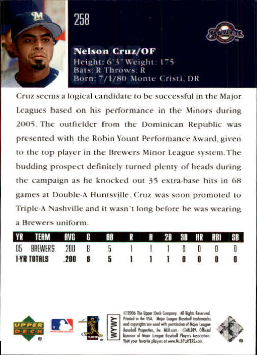 2006 Upper Deck #258 Nelson Cruz (RC) back image