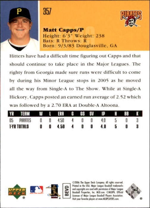 2006 Upper Deck #357 Matt Capps (RC) back image
