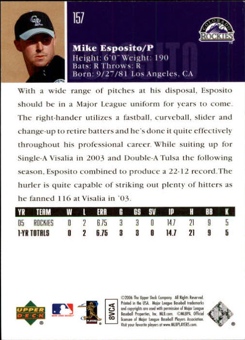 2006 Upper Deck #157 Mike Esposito (RC) back image
