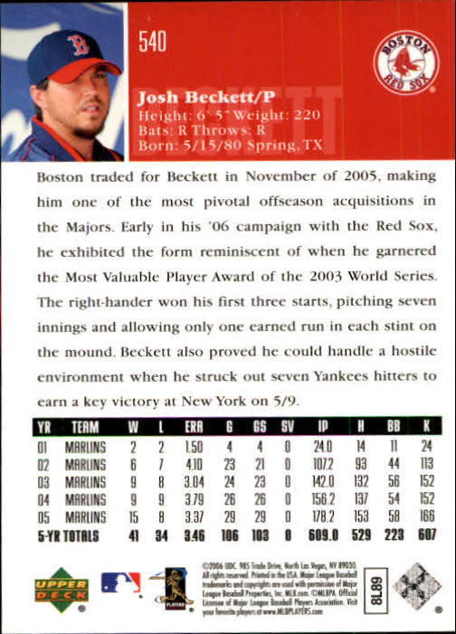 2006 Upper Deck #540 Josh Beckett back image