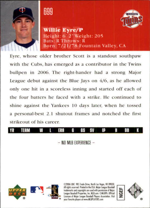 2006 Upper Deck #699 Willie Eyre (RC) back image