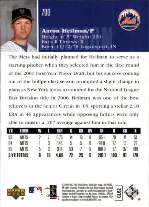 2006 Upper Deck #700 Aaron Heilman back image