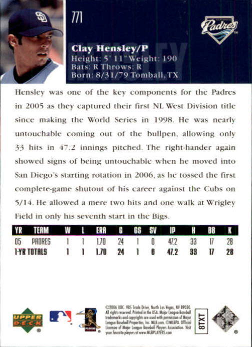 2006 Upper Deck #771 Clay Hensley back image