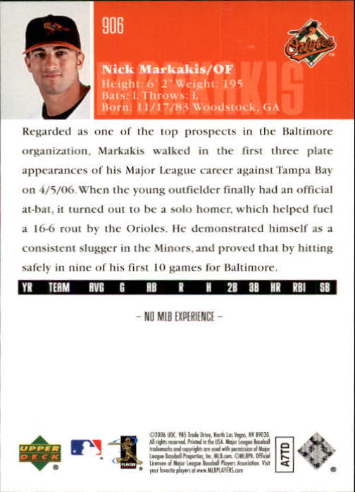 2006 Upper Deck #906 Nick Markakis (RC) back image