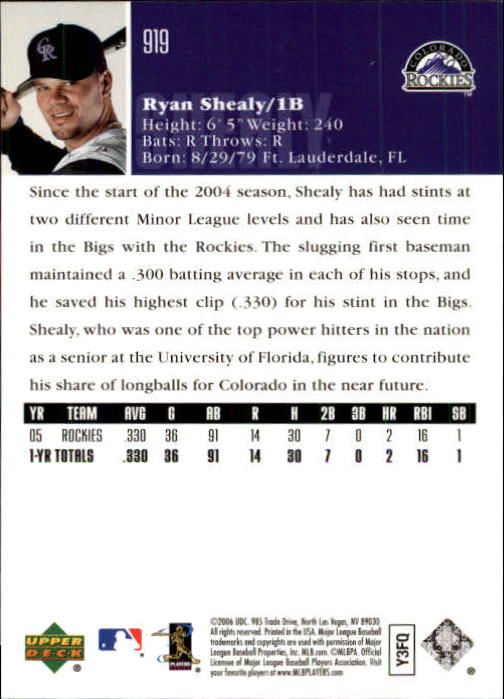 2006 Upper Deck #919 Ryan Shealy (RC) back image