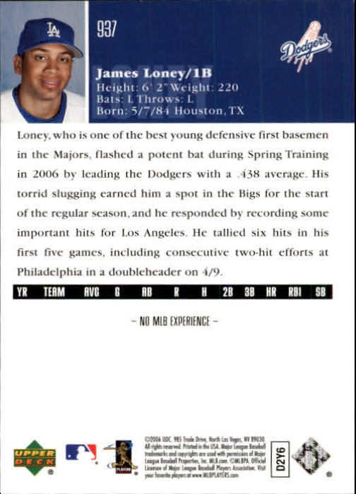 2006 Upper Deck #937 James Loney (RC) back image