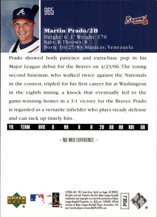 2006 Upper Deck #965 Martin Prado (RC) back image