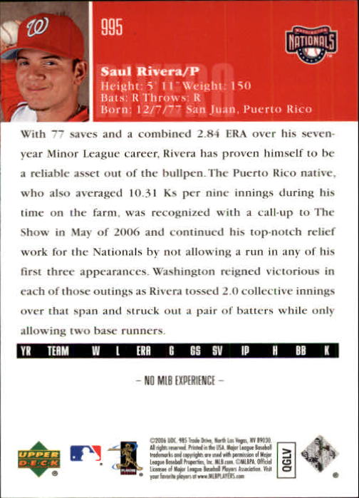 2006 Upper Deck #995 Saul Rivera (RC) back image