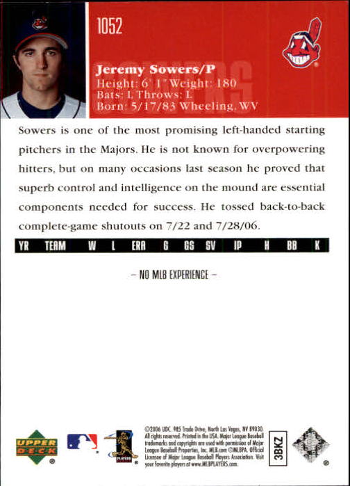 2006 Upper Deck #1052 Jeremy Sowers (RC) back image