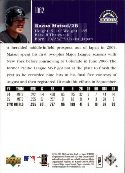 2006 Upper Deck #1062 Kazuo Matsui back image
