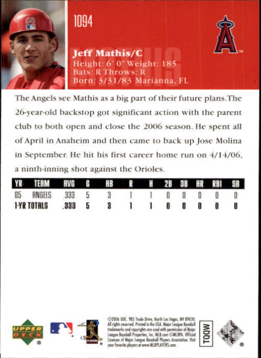 2006 Upper Deck #1094 Jeff Mathis (RC) back image