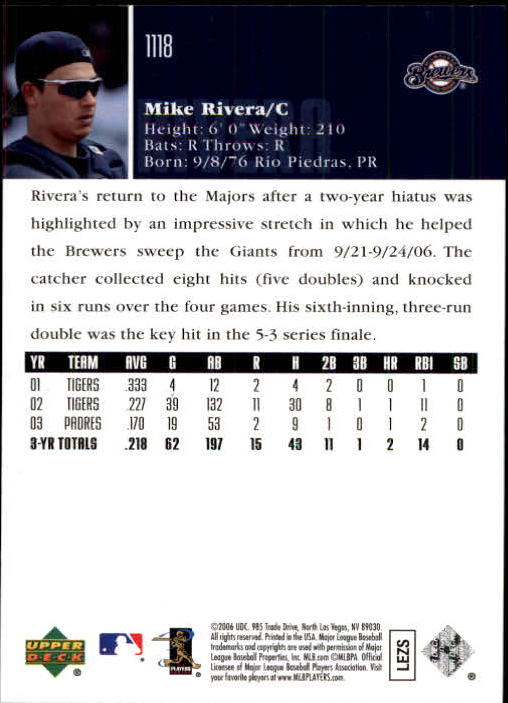 2006 Upper Deck #1118 Mike Rivera back image
