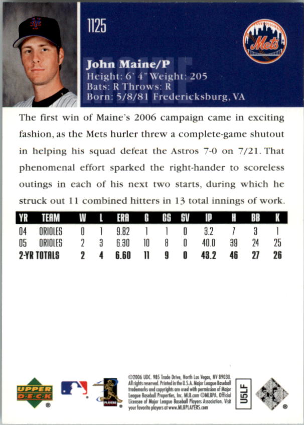 2006 Upper Deck #1125 John Maine SP (RC) back image