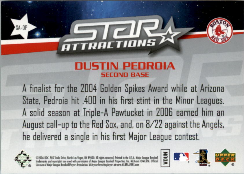 2006 Upper Deck Star Attractions #DP Dustin Pedroia UPD back image