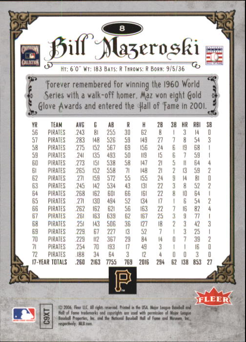 2006 Greats of the Game #8 Bill Mazeroski back image