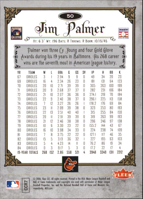2006 Greats of the Game #50 Jim Palmer back image