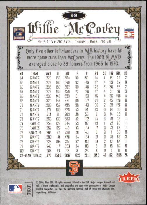 2006 Greats of the Game #99 Willie McCovey back image
