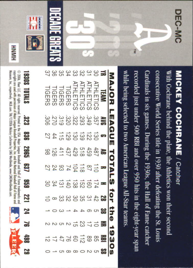 2006 Greats of the Game Decade Greats #MC Mickey Cochrane back image