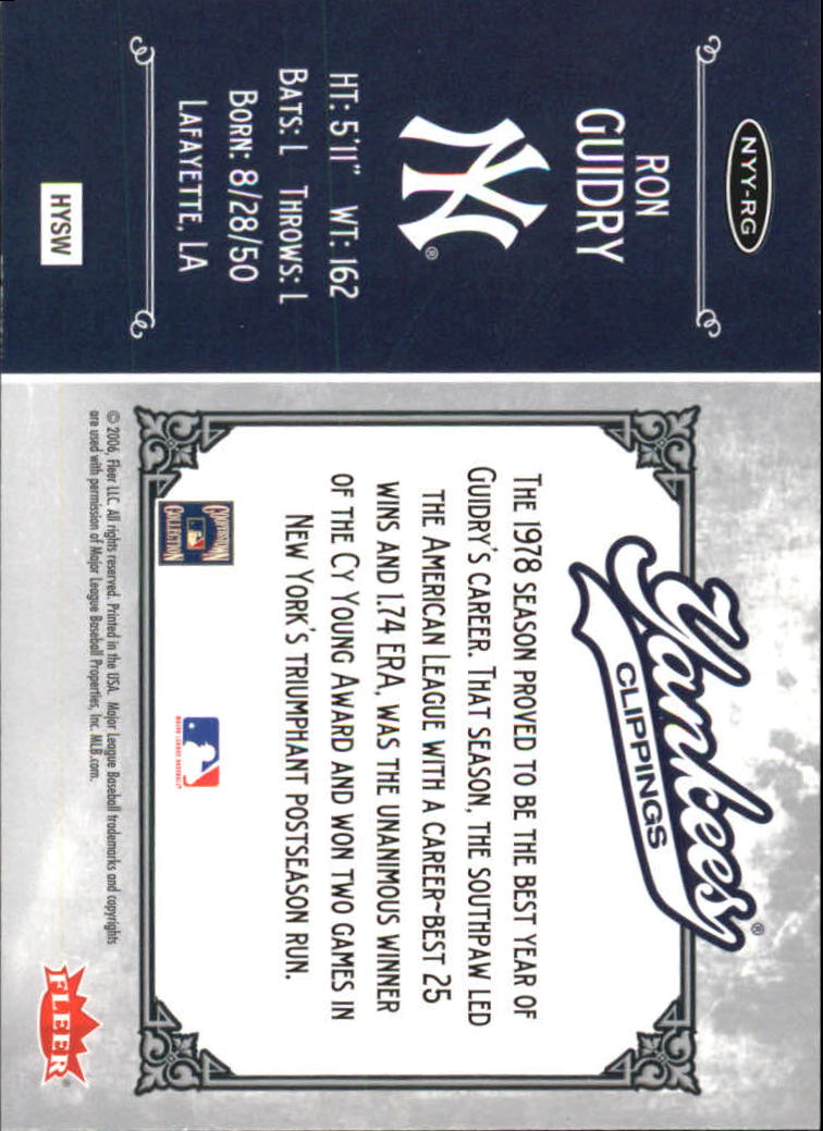 2006 Greats of the Game Yankee Clippings #RG Ron Guidry back image