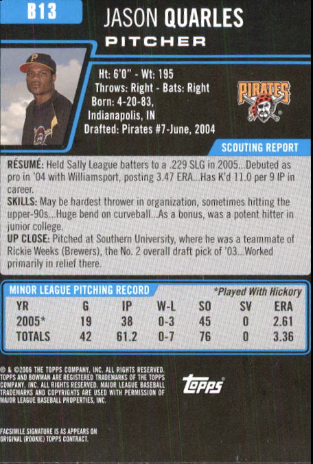 2006 Bowman Prospects #B13 Jason Quarles back image