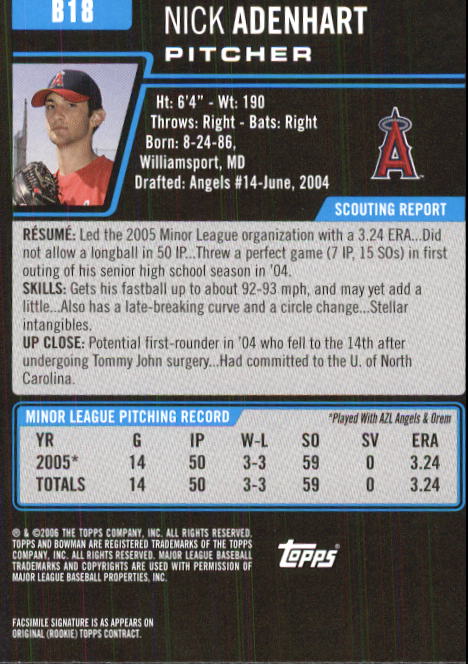 2006 Bowman Prospects #B18 Nick Adenhart back image