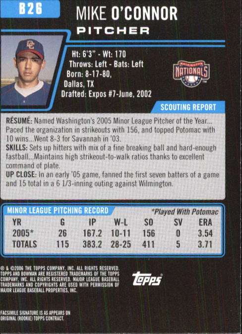 2006 Bowman Prospects #B26 Mike O'Connor back image