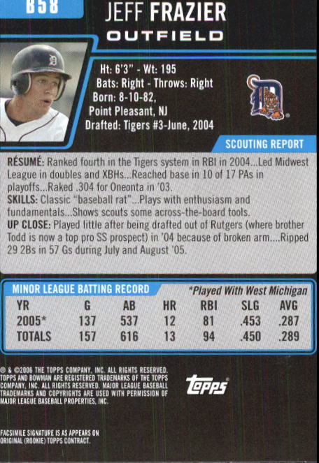2006 Bowman Prospects #B58 Jeff Frazier back image