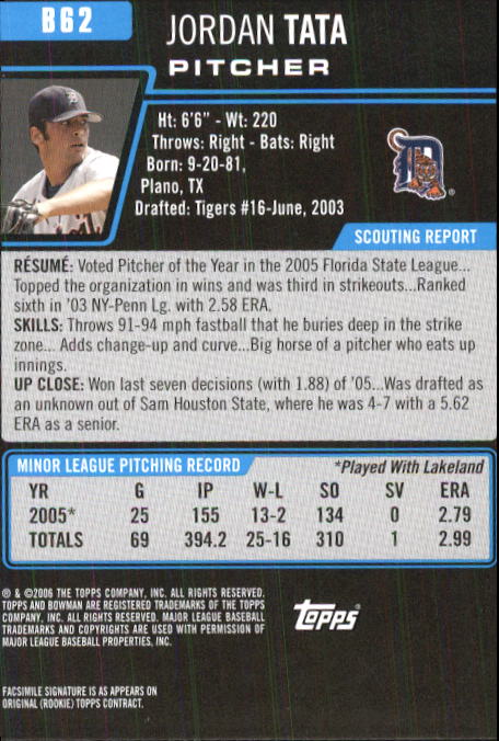 2006 Bowman Prospects #B62 Jordan Tata back image