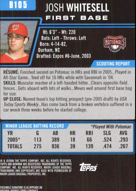 2006 Bowman Prospects #B105 Josh Whitesell back image