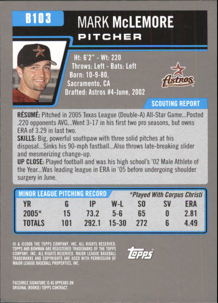2006 Bowman Prospects Gold #B103 Mark McLemore back image
