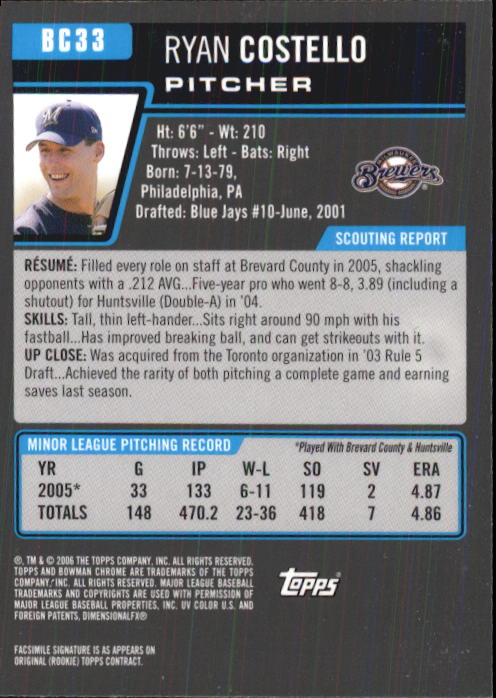 2006 Bowman Chrome Prospects #BC33 Ryan Costello back image